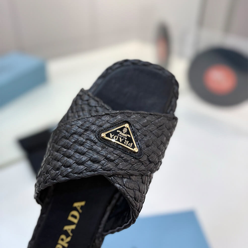 Prada Raffia crisscross slides